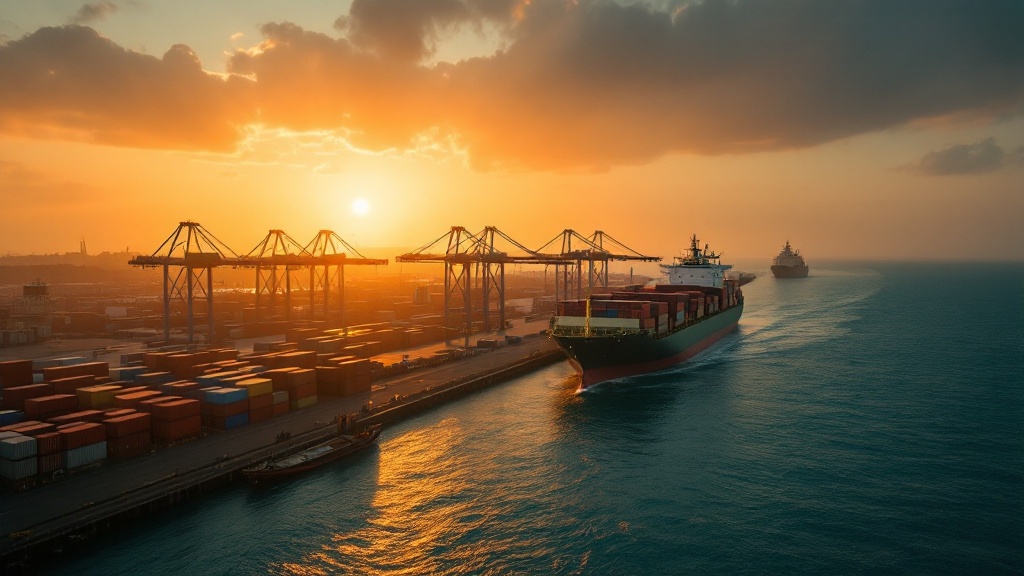 Container ship leaving an African port at sunrise