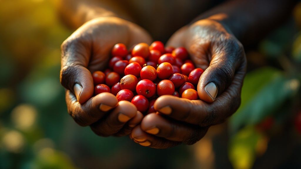 Hands holding freshly harvested coffee cherries